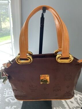 MCM Brown Visetos Satchel w/Tan Handles and Gold Hardware and MCM Bag Charm
